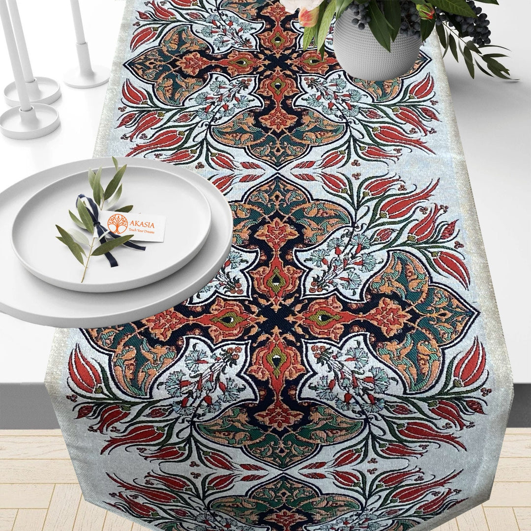 Tile Pattern Tapestry Table Runner with Tulip