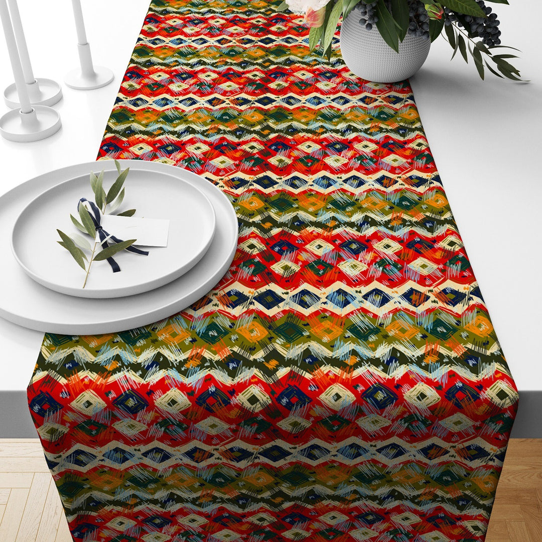 Tribal Table Runner|Terracotta Southwestern Table Top|Rug Design Decor|Authentic Ethnic Rug Tabletop|Farmhouse Style Geometric Tablecloth