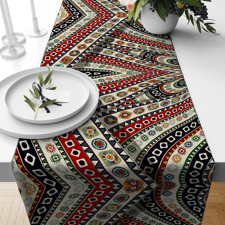 Tribal Table Runner|Colorful Tablecloth|Abstract Home Decor|Authentic Ethnic Rug Tabletop|Farmhouse Style Geometric Decorative Runner