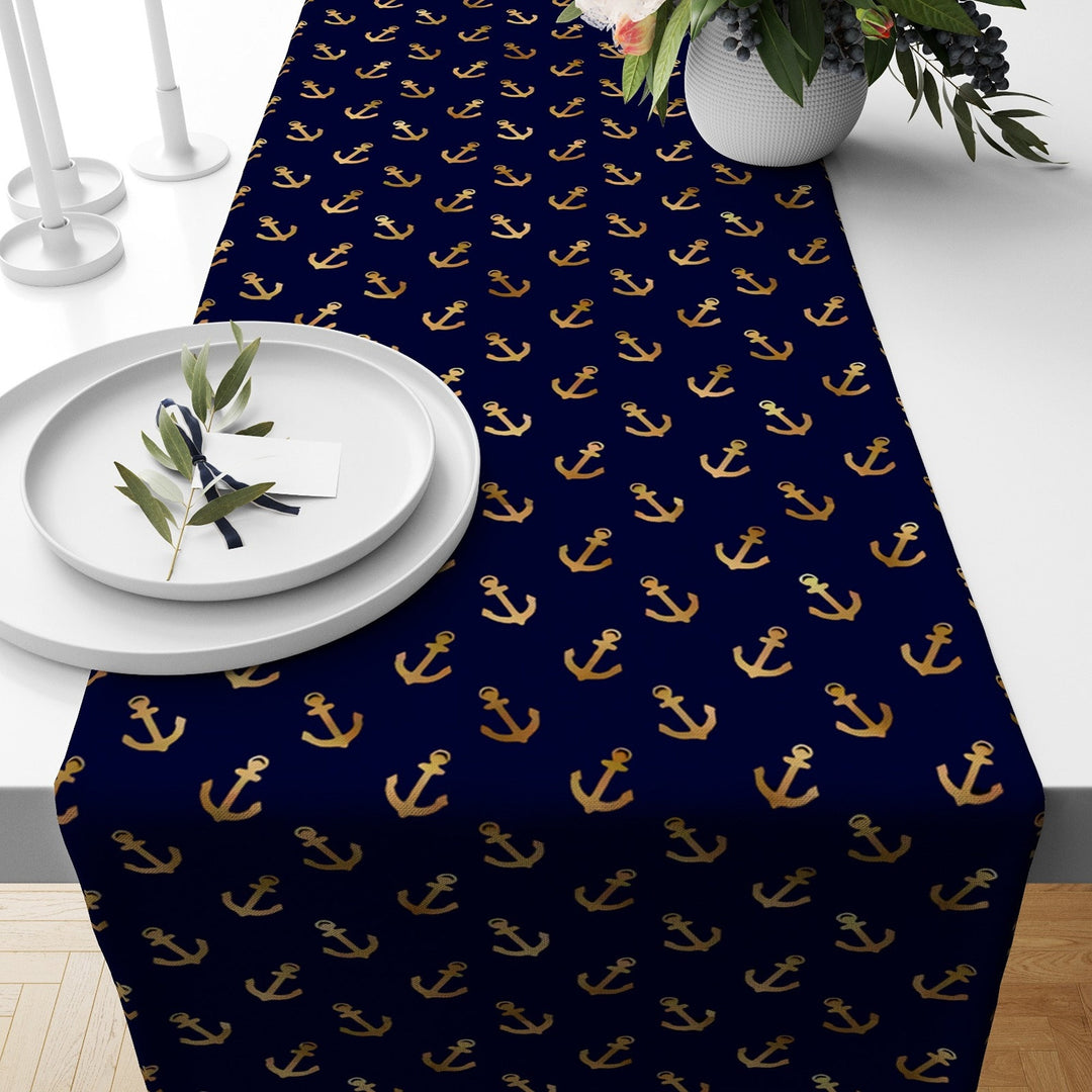 Nautical Table Runner|Blue Anchor Tabletop|Beach House Decor|Fish Kitchen Runner|Navy Marine Table Centerpiece|Starfish Print Tablecloth