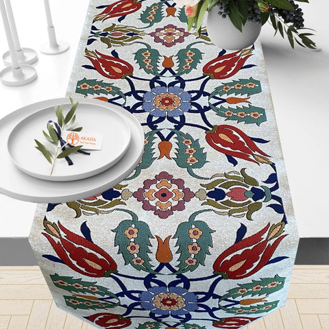 Tile Pattern Tapestry Table Runner with Tulip