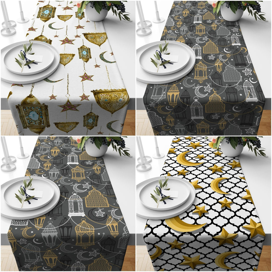 Islamic Table Runner|Lantern Ramadan Kareem Tablecloth|Religious Motif Table Centerpiece|Crescent Tabletop|Gift for Muslims|Islamic Decor