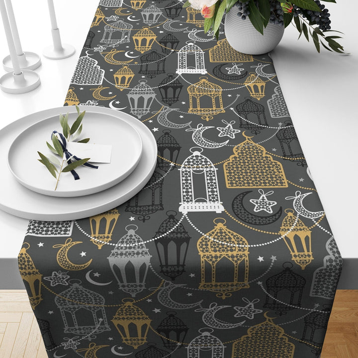 Islamic Table Runner|Lantern Ramadan Kareem Tablecloth|Religious Motif Table Centerpiece|Crescent Tabletop|Gift for Muslims|Islamic Decor