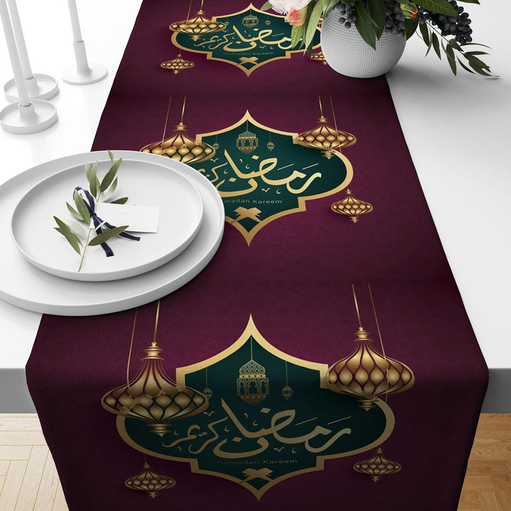 Ramadan Table Runner|Religious Tablecloth|Gift for Muslims|Eid Mubarak Tabletop|Mystic Motif Print Table Centerpiece|Ramadan Kareem Decor