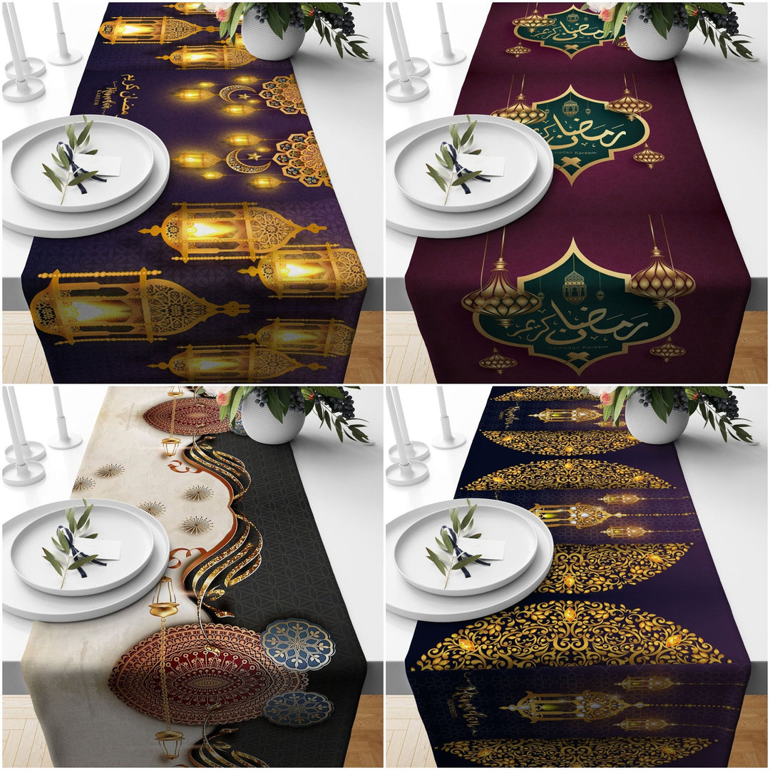 Ramadan Table Runner|Religious Tablecloth|Gift for Muslims|Eid Mubarak Tabletop|Mystic Motif Print Table Centerpiece|Ramadan Kareem Decor