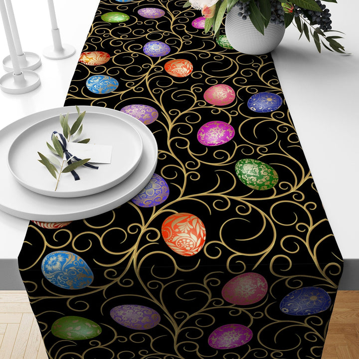 Easter Table Runner|Happy Easter Kitchen Decor|Decorative Colorful Egg Print Tabletop|Floral Egg Holiday Decor|Spring Trend Tablecloth