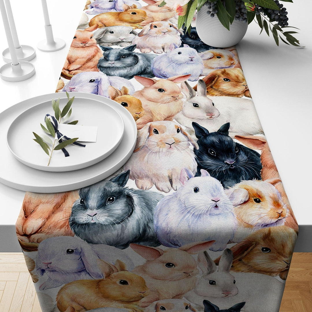 Easter Table Runner|Bunny Kitchen Decor|Decorative Colorful Egg Print Tabletop|Chick Print Holiday Decor|Spring Trend Floral Tablecloth