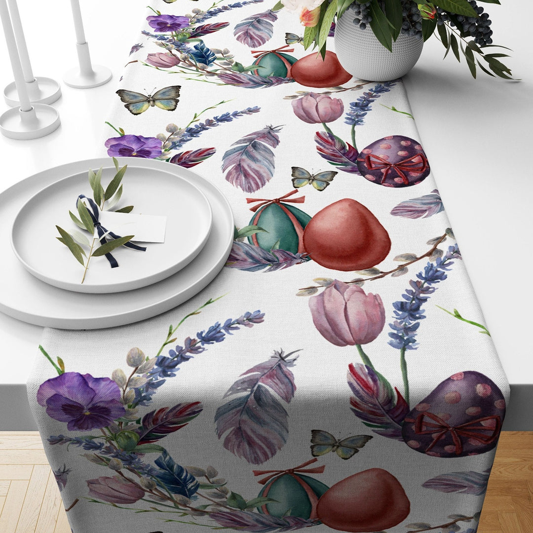 Easter Table Runner|Bunny Kitchen Decor|Decorative Colorful Egg Print Tabletop|Chick Print Holiday Decor|Spring Trend Floral Tablecloth