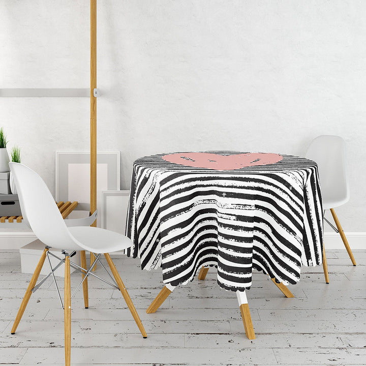 Valentine Tablecloth|Circle Striped Table Cover|Valentine's Day Gift for Her|Heart Print Round Table Linen|February 14 Decor|Love Tabletop