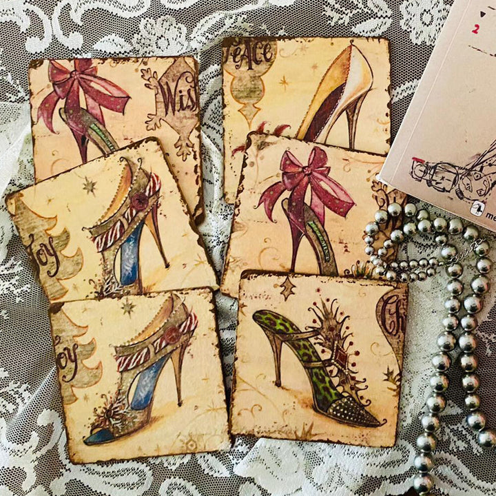 Set of 6 Hand Painted Coasters|Shoe Print Wooden Tea Pad|Handmade Drink Rest|Unique New Home Gift|Vintage Saucer Set|Best Gift For Mom