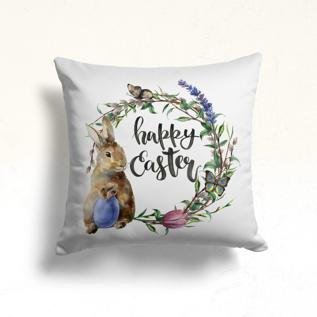 Happy Easter Pillow Cover|Bunny and Gnome Cushion Case|Floral Easter Decor|Colorful Egg Print Throw Pillowtop|Farmhouse Spring Pillowcase