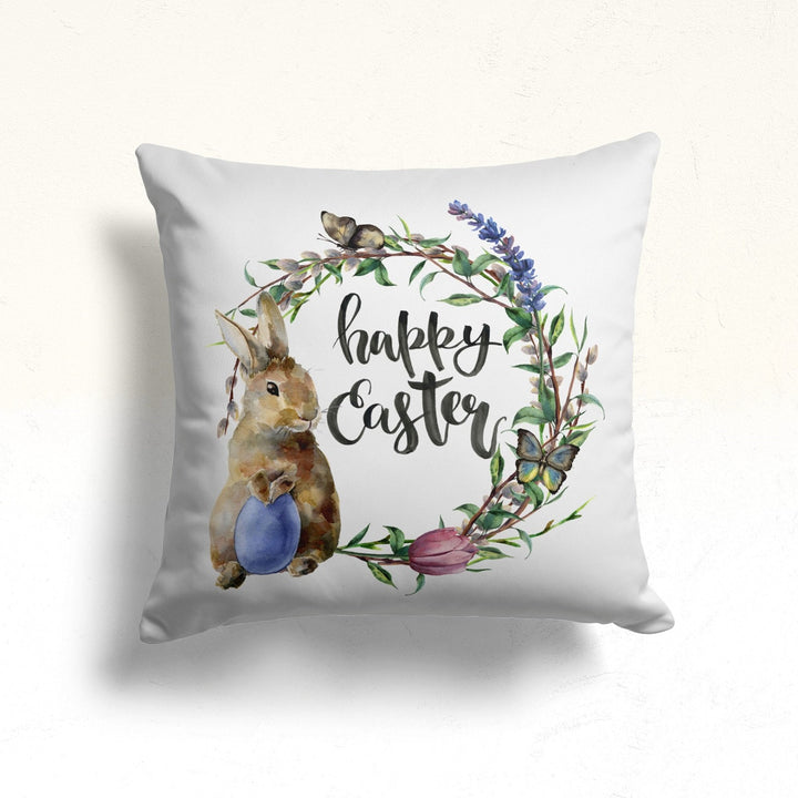 Happy Easter Pillow Cover|Bunny and Gnome Cushion Case|Floral Easter Decor|Colorful Egg Print Throw Pillowtop|Farmhouse Spring Pillowcase