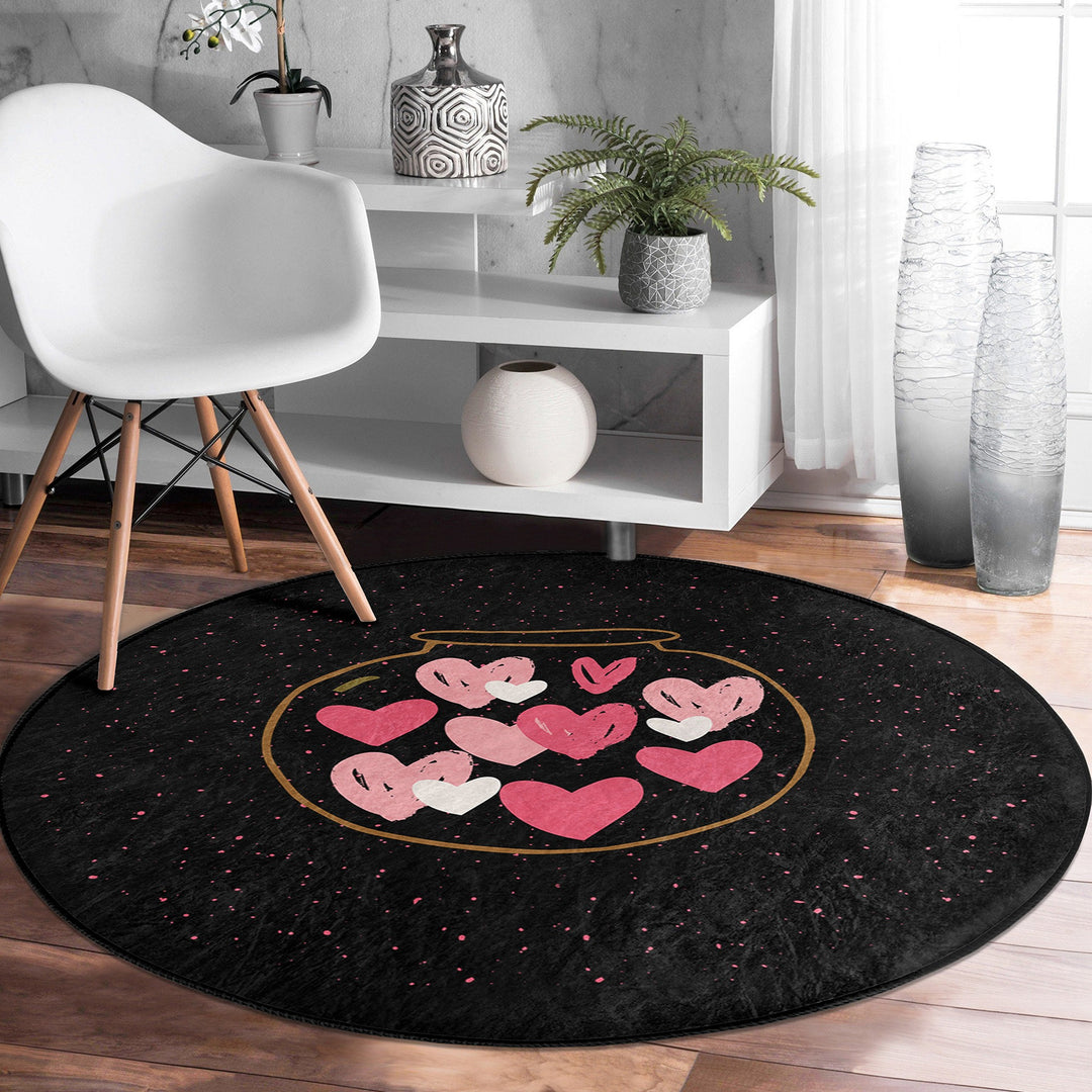 Circular Love Rug|Love Themed Carpet|V-Day Carpet|Round Floor Mat|Circular Area Mat|Heart Floor Decor|Circle Non-Slip Rug|Circle Cat Decor