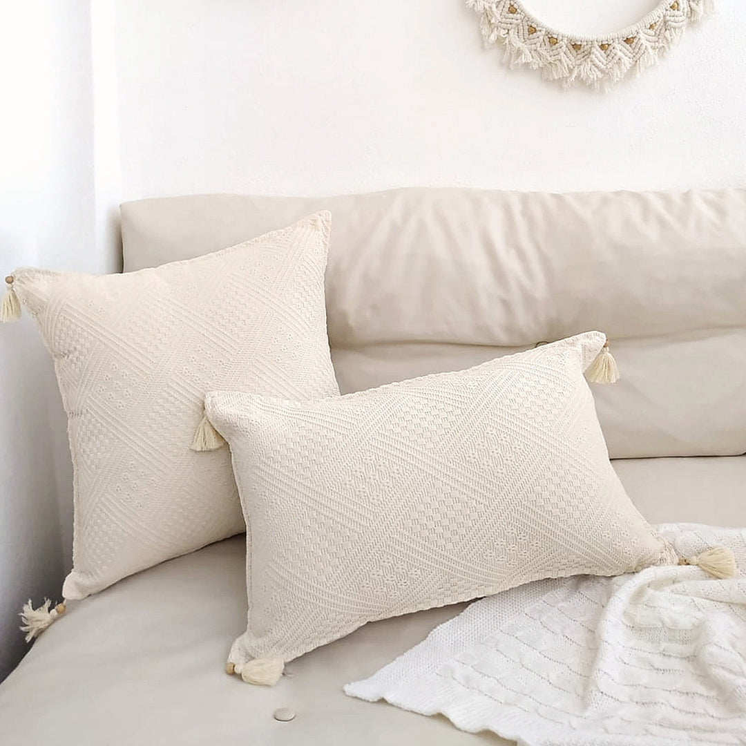 Cotton Pillow Cover Sets|Organic Beige Pillowcase|Buldan Cushion Case|Boho Handmade Pillow Sham|Tasseled Cushion|Authentic Throw Pillowtop