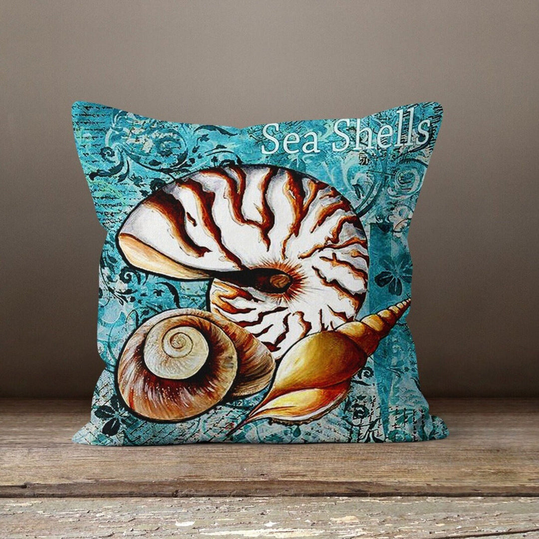 Seaside Pillow Case|Sea Shell Cushion|Coastal Cushion Case|Aqua Marine Pillowcase|Beach House Decor|Fish and Seashell Throw Pillow Cover