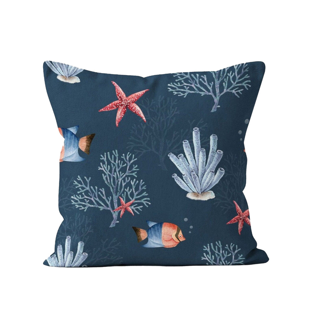 Coastal Pillow Case|Seashell Cushion Cover|Starfish and Coral Print Nautical Throw Pillow Cover|Navy Marine Pillowcase|Beach House Decor