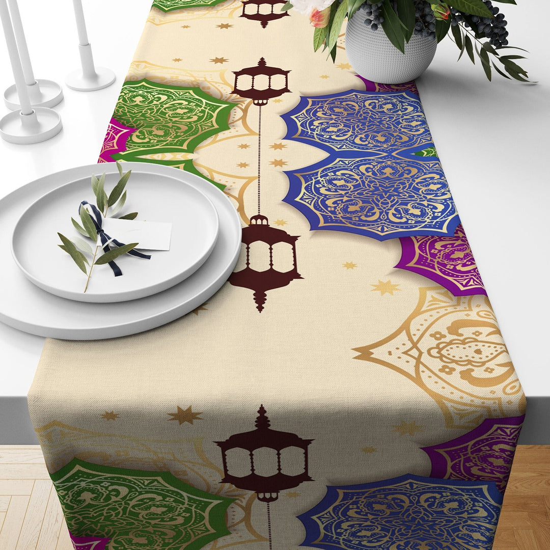 Islamic Table Runner|Lantern Ramadan Kareem Tablecloth|Religious Motif Table Centerpiece|Mystic Home Decor|Gift for Muslims|Islamic Decor