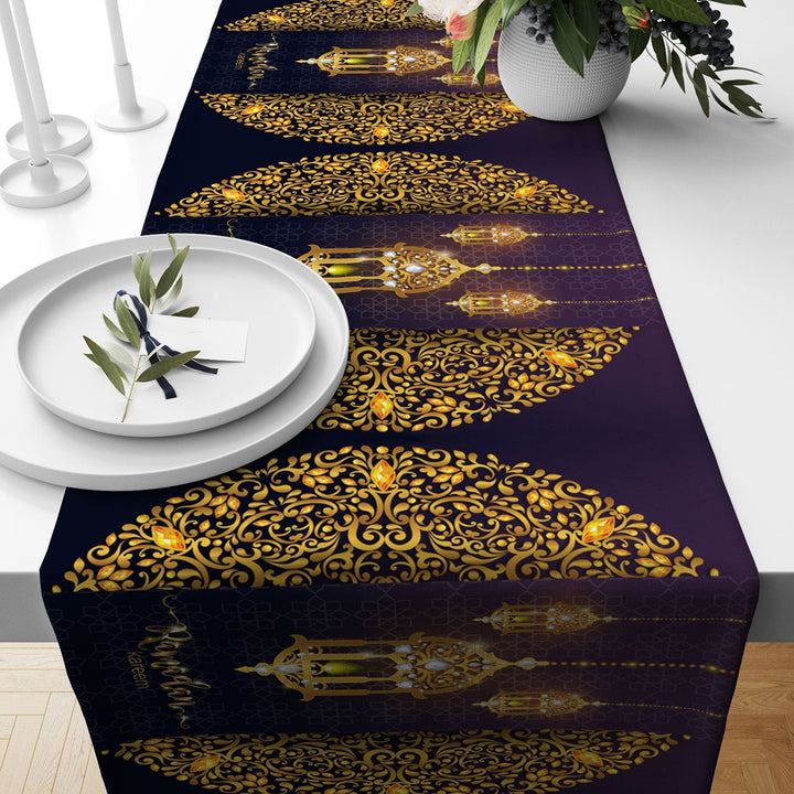 Ramadan Table Runner|Religious Tablecloth|Gift for Muslims|Eid Mubarak Tabletop|Mystic Motif Print Table Centerpiece|Ramadan Kareem Decor