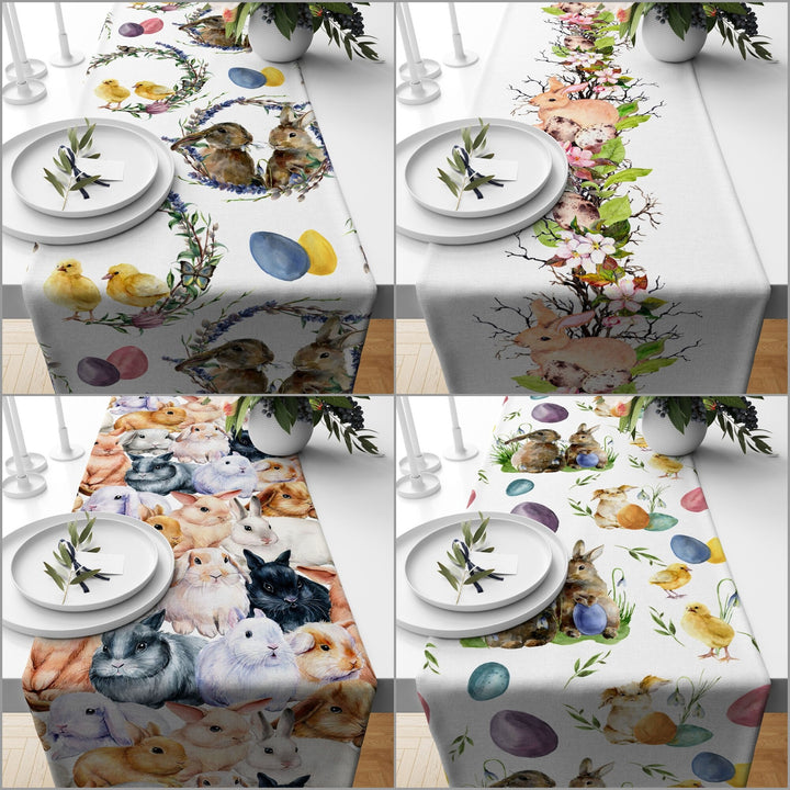 Easter Table Runner|Bunny Kitchen Decor|Decorative Colorful Egg Print Tabletop|Chick Print Holiday Decor|Spring Trend Floral Tablecloth