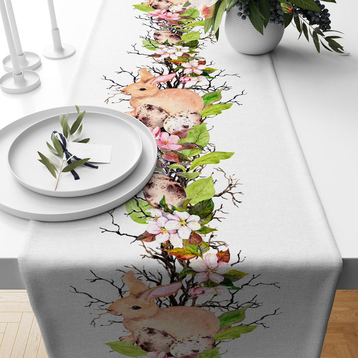 Easter Table Runner|Bunny Kitchen Decor|Decorative Colorful Egg Print Tabletop|Chick Print Holiday Decor|Spring Trend Floral Tablecloth