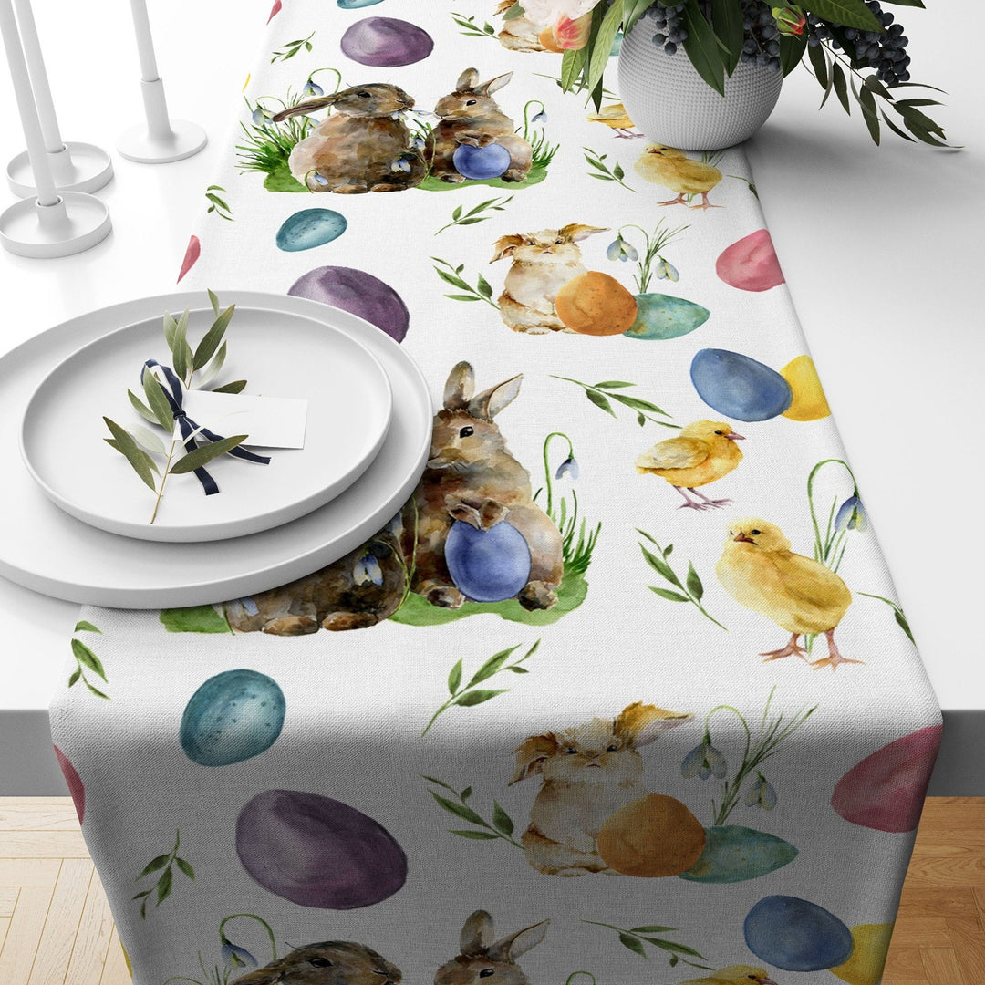 Easter Table Runner|Bunny Kitchen Decor|Decorative Colorful Egg Print Tabletop|Chick Print Holiday Decor|Spring Trend Floral Tablecloth