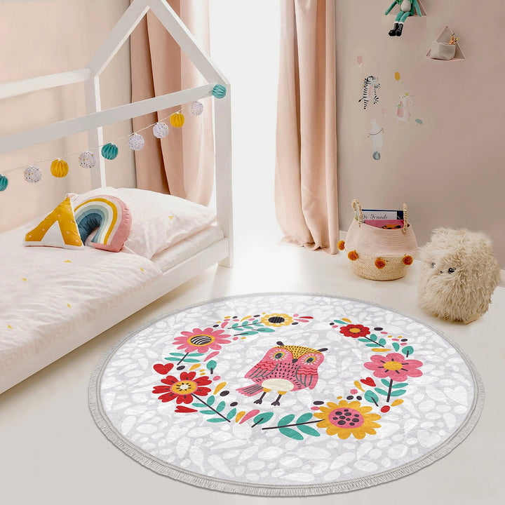 Cute Owl Circle Rug|Fringed Owl Print Kid Carpet|Non-Slip Round Rug|Colorful Area Carpet|Kids Home Decor|Animal Anti-Slip Mat|Floor Covering