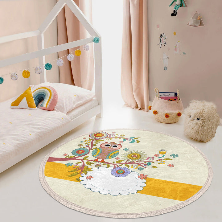 Cute Owl Circle Rug|Fringed Owl Print Kid Carpet|Non-Slip Round Rug|Colorful Area Carpet|Kids Home Decor|Animal Anti-Slip Mat|Floor Covering