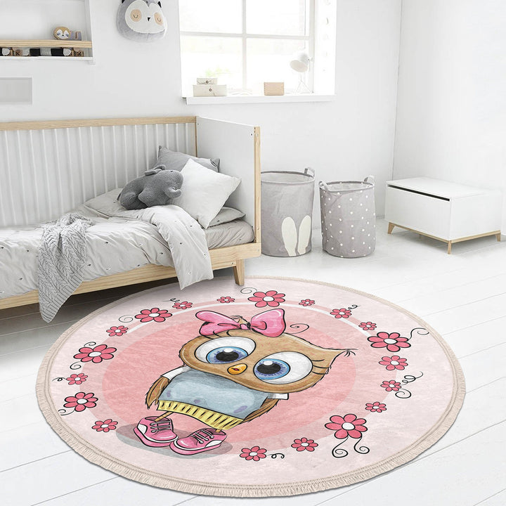 Cute Owl Circle Rug|Fringed Owl Print Kid Carpet|Non-Slip Round Rug|Colorful Area Carpet|Kids Home Decor|Animal Anti-Slip Mat|Floor Covering