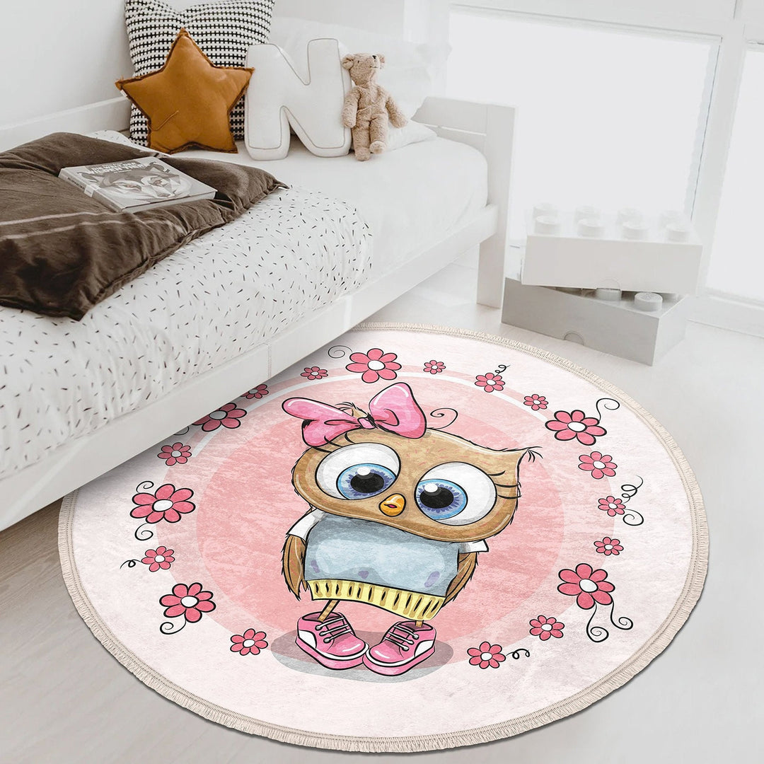 Cute Owl Circle Rug|Fringed Owl Print Kid Carpet|Non-Slip Round Rug|Colorful Area Carpet|Kids Home Decor|Animal Anti-Slip Mat|Floor Covering