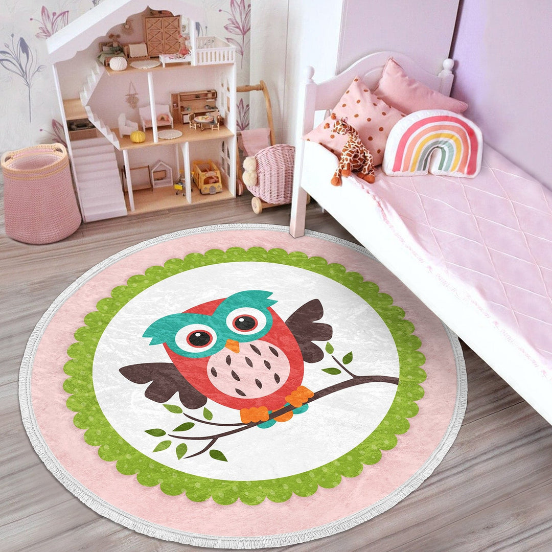 Cute Owl Circle Rug|Fringed Owl Print Kid Carpet|Non-Slip Round Rug|Colorful Area Carpet|Kids Home Decor|Animal Anti-Slip Mat|Floor Covering