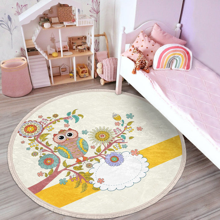 Cute Owl Circle Rug|Fringed Owl Print Kid Carpet|Non-Slip Round Rug|Colorful Area Carpet|Kids Home Decor|Animal Anti-Slip Mat|Floor Covering