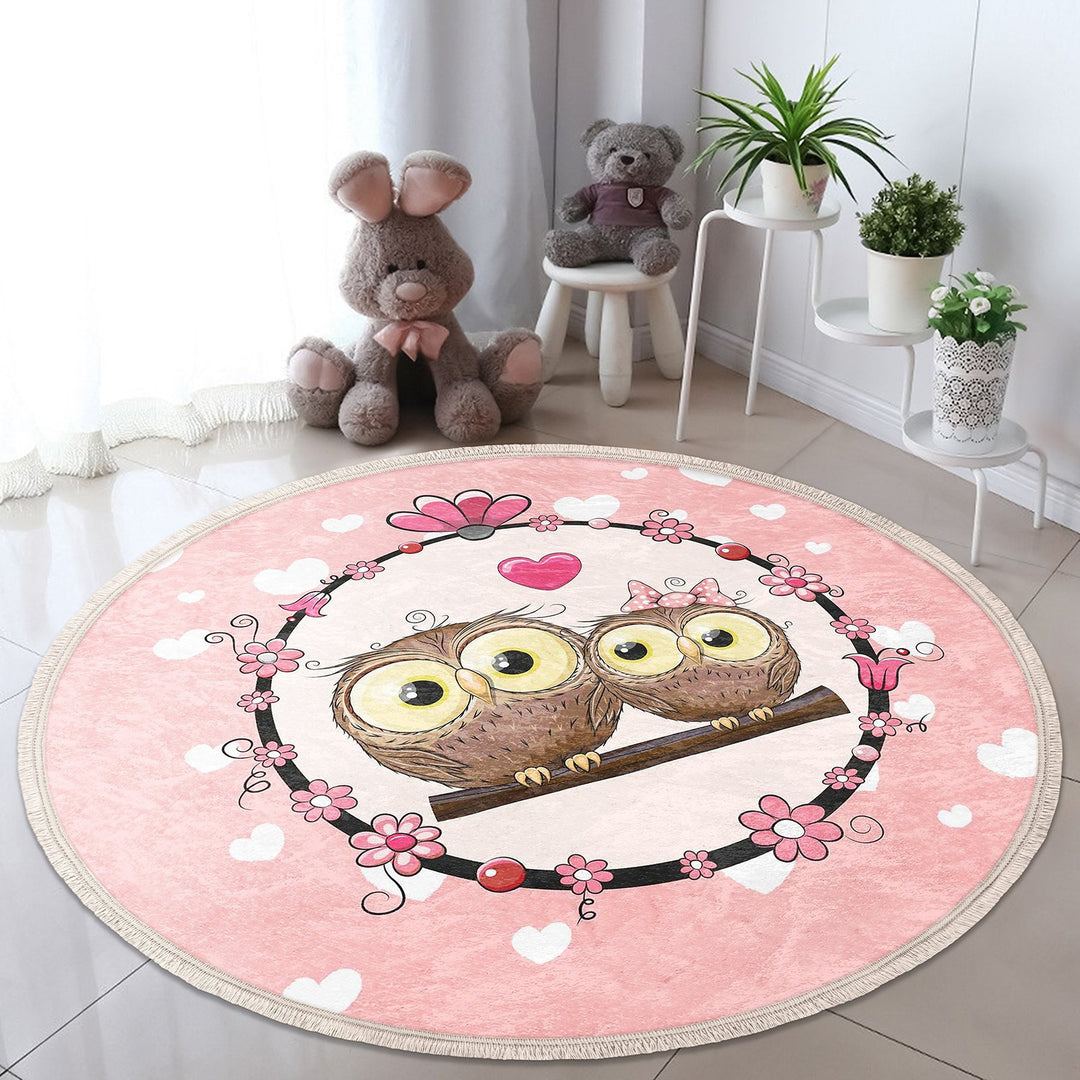 Cute Owl Round Rug|Fringed Owl Print Kid Carpet|Non-Slip Circle Rug|Colorful Area Carpet|Kids Home Decor|Animal Anti-Slip Mat|Floor Covering