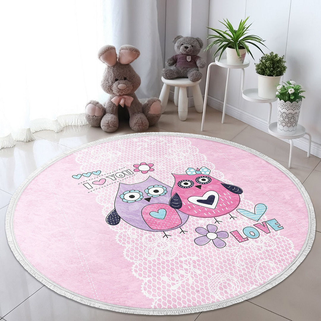 Cute Owl Round Rug|Fringed Owl Print Kid Carpet|Non-Slip Circle Rug|Colorful Area Carpet|Kids Home Decor|Animal Anti-Slip Mat|Floor Covering