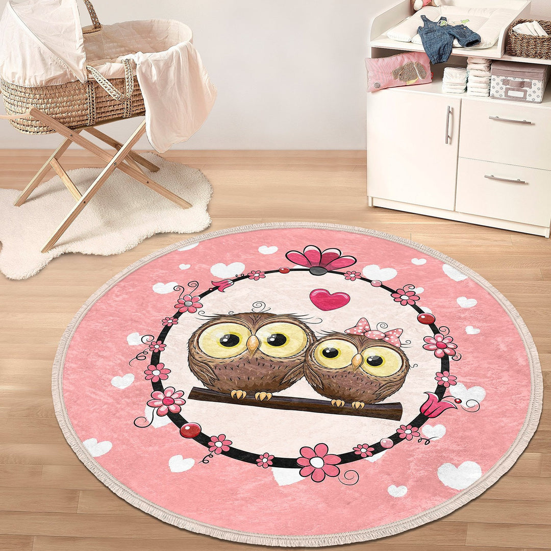 Cute Owl Round Rug|Fringed Owl Print Kid Carpet|Non-Slip Circle Rug|Colorful Area Carpet|Kids Home Decor|Animal Anti-Slip Mat|Floor Covering