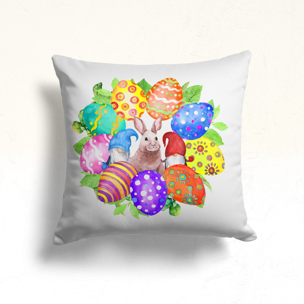 Happy Easter Pillow Cover|Bunny and Gnome Cushion Case|Floral Easter Decor|Colorful Egg Print Throw Pillowtop|Farmhouse Spring Pillowcase