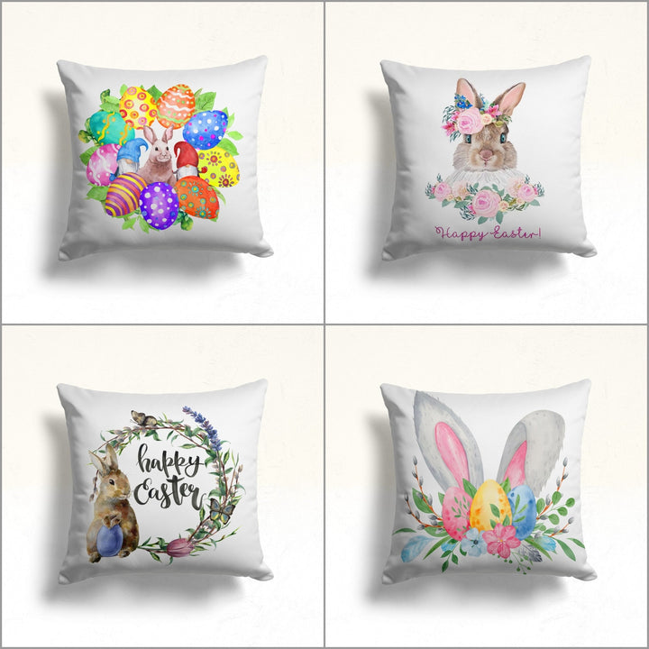 Happy Easter Pillow Cover|Bunny and Gnome Cushion Case|Floral Easter Decor|Colorful Egg Print Throw Pillowtop|Farmhouse Spring Pillowcase