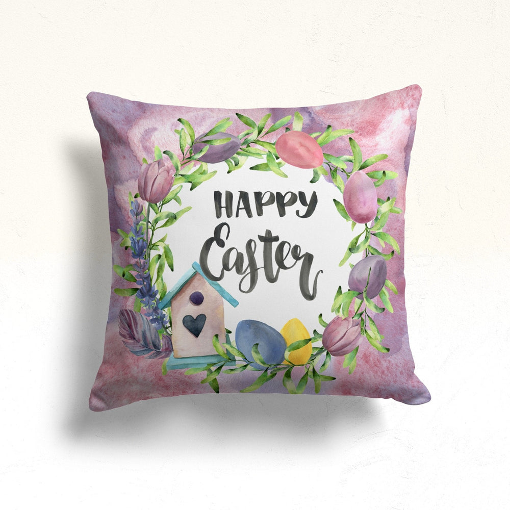 Happy Easter Pillow Cover|Floral Easter Decor|Blue Daisy Cushion|Colorful Egg Print Decorative Throw Pillowtop|Farmhouse Spring Pillowcase