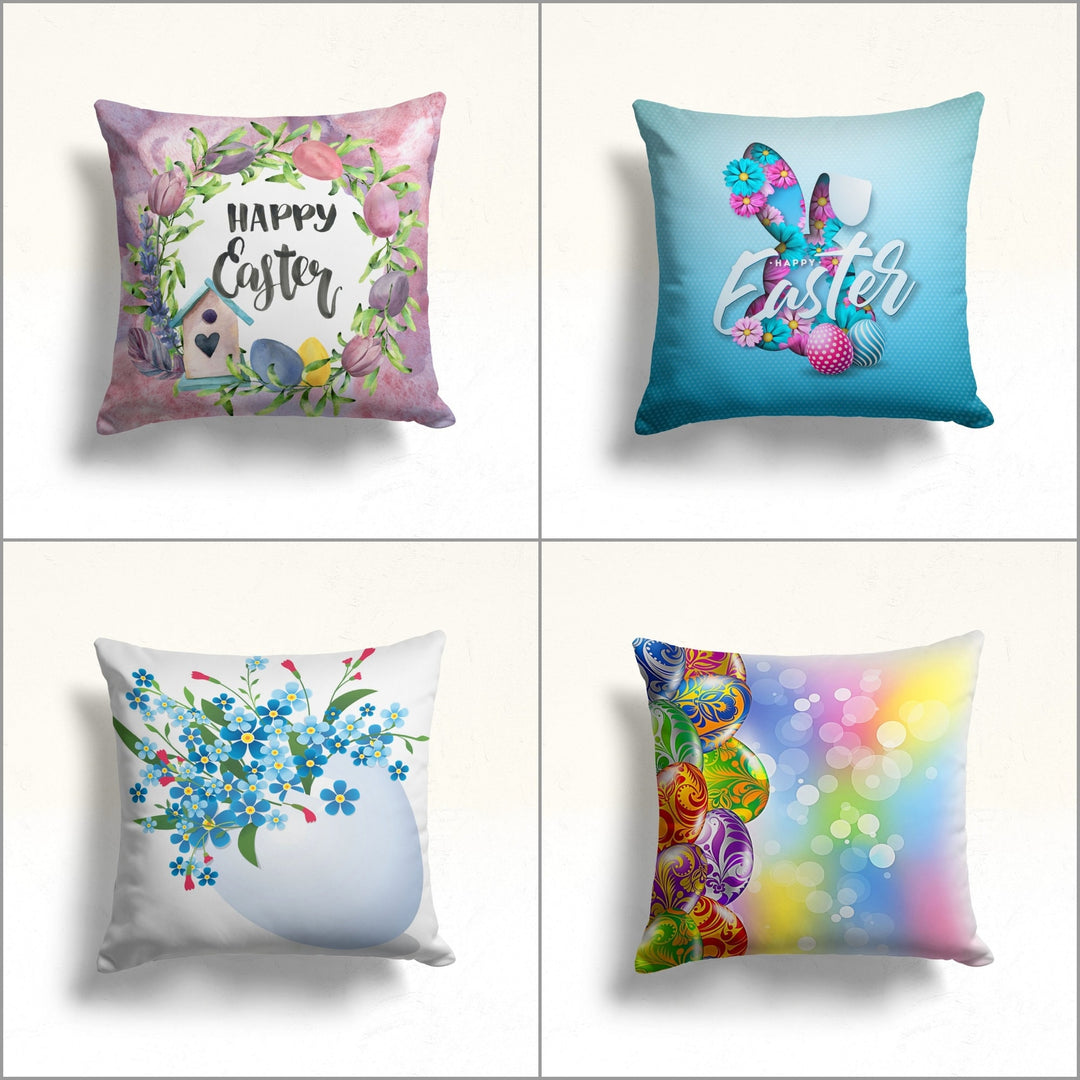 Happy Easter Pillow Cover|Floral Easter Decor|Blue Daisy Cushion|Colorful Egg Print Decorative Throw Pillowtop|Farmhouse Spring Pillowcase