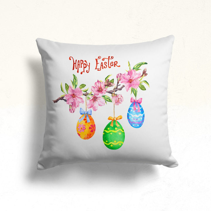 Happy Easter Pillow Cover|Colorful Egg Print Throw Pillow|Floral Easter Decor|Decorative Cushion|Spring Farmhouse Pillowcase|Easter Cushion