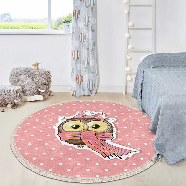 Cute Owl Circle Rug|Fringed Owl Print Kid Carpet|Non-Slip Round Rug|Pastel Color Carpet|Kids Home Decor|Animal Anti-Slip Mat|Floor Covering