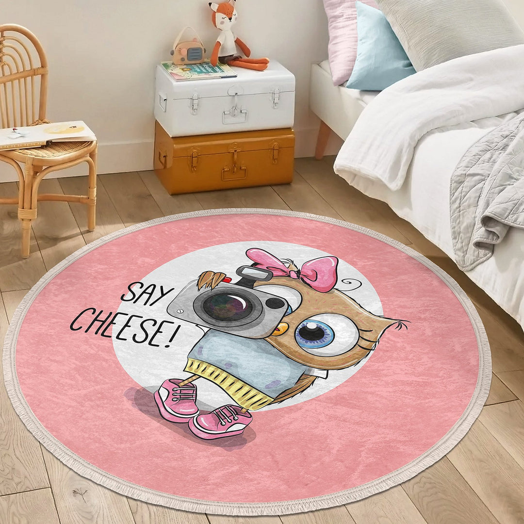 Cute Owl Circle Rug|Fringed Owl Print Kid Carpet|Non-Slip Round Rug|Pastel Color Carpet|Kids Home Decor|Animal Anti-Slip Mat|Floor Covering