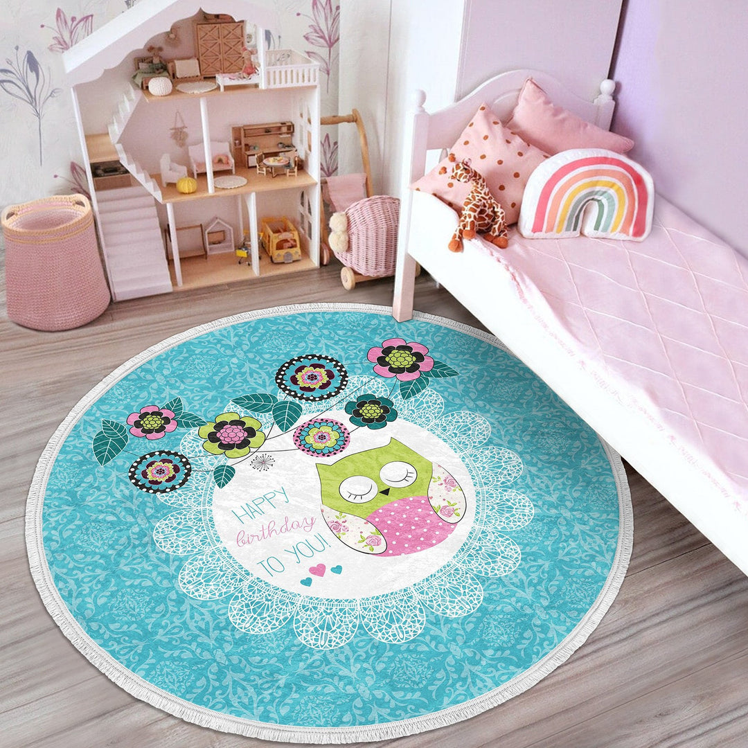 Cute Owl Circle Rug|Fringed Owl Print Kid Carpet|Non-Slip Round Rug|Pastel Color Carpet|Kids Home Decor|Animal Anti-Slip Mat|Floor Covering