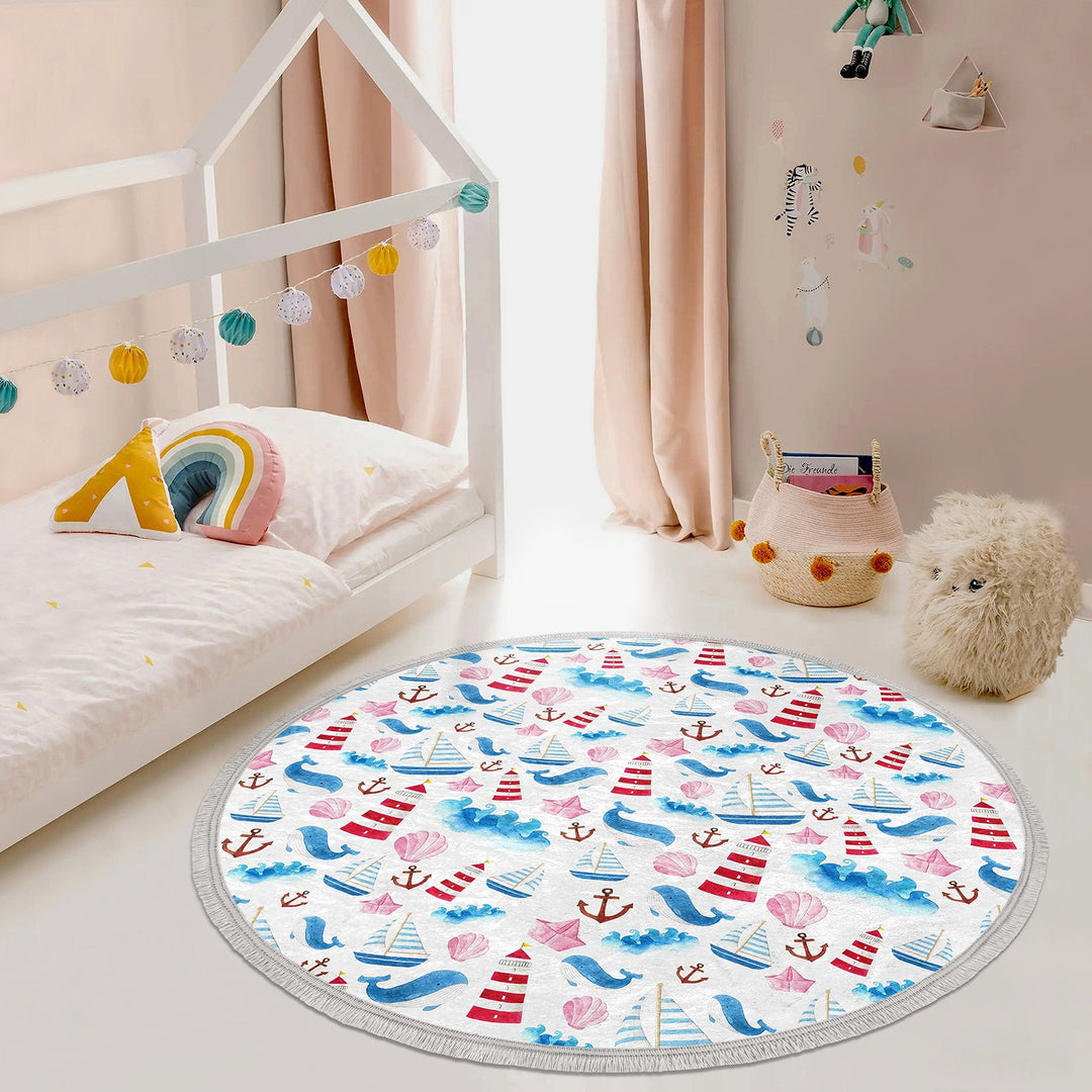 Nautical Kids Rug|Non-Slip Round Carpet|Fringed Kid Room Circle Carpet|Ship Print Rug|Coastal Home Decor|Whale Print Print Anti-Slip Mat