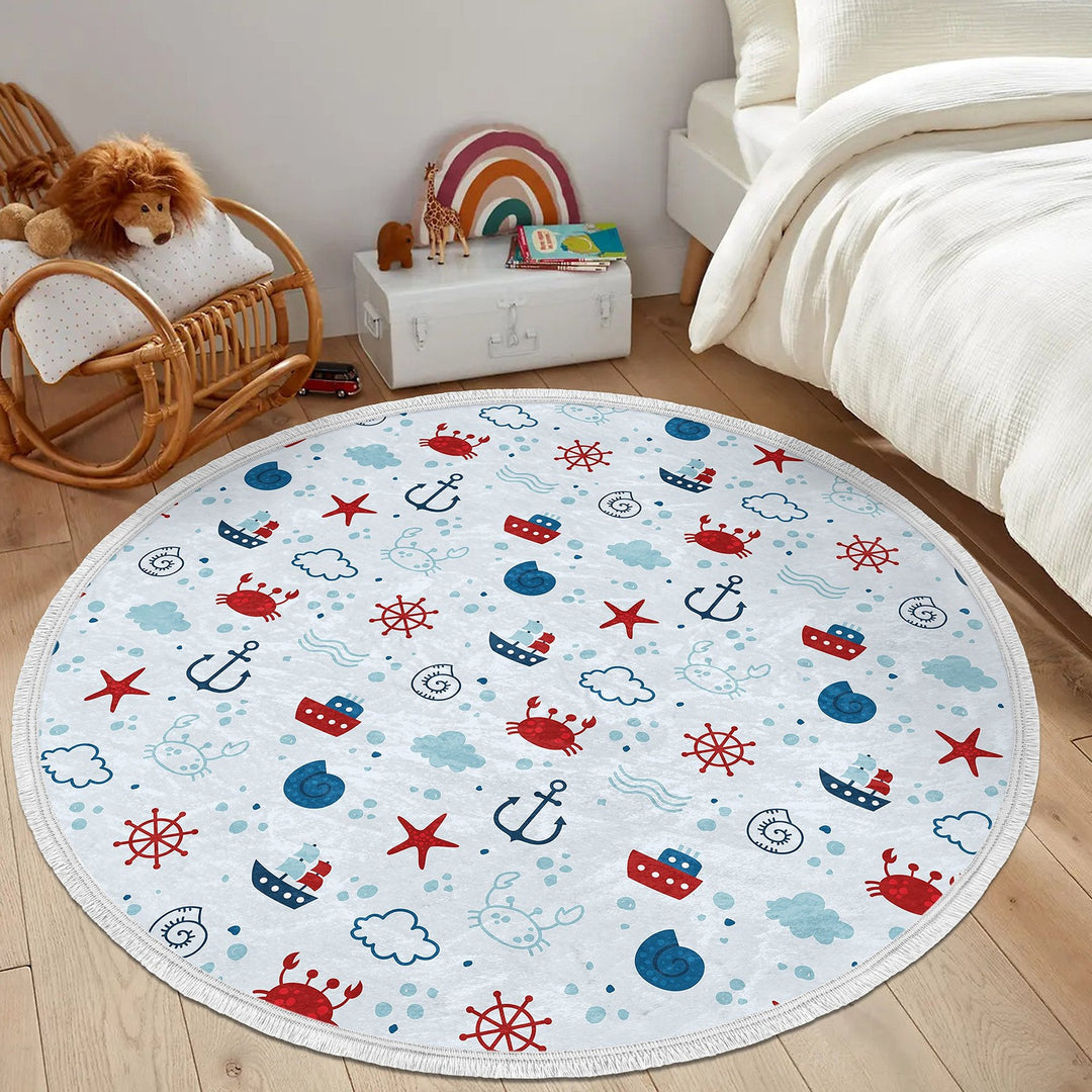 Nautical Kids Rug|Non-Slip Round Carpet|Fringed Kid Room Circle Carpet|Ship Print Rug|Coastal Home Decor|Whale Print Print Anti-Slip Mat