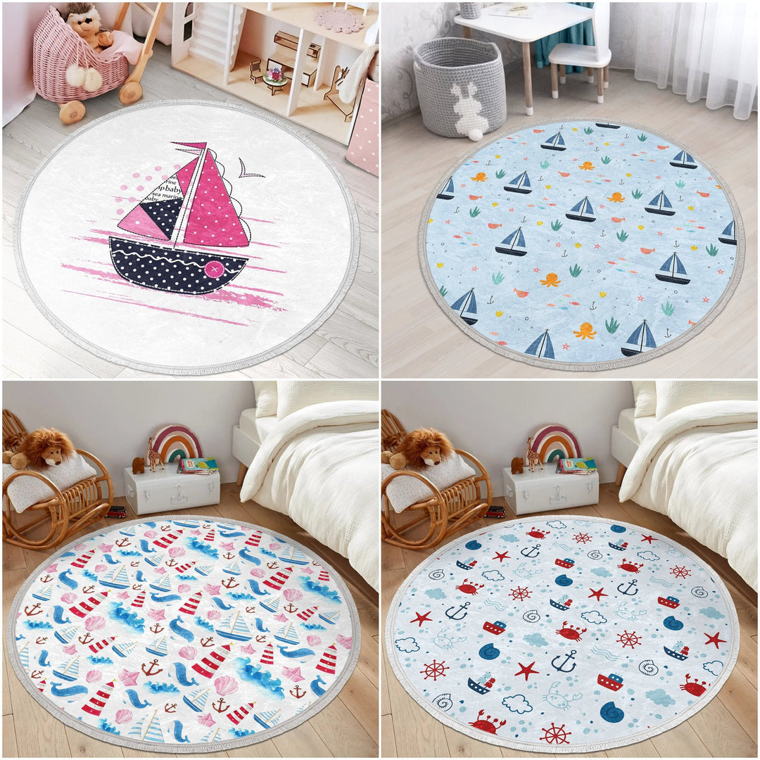 Nautical Kids Rug|Non-Slip Round Carpet|Fringed Kid Room Circle Carpet|Ship Print Rug|Coastal Home Decor|Whale Print Print Anti-Slip Mat