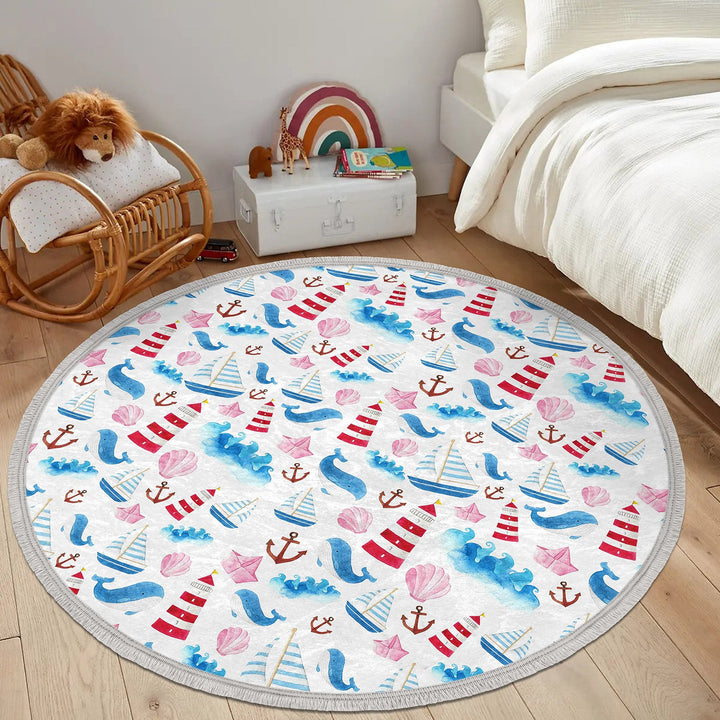 Nautical Kids Rug|Non-Slip Round Carpet|Fringed Kid Room Circle Carpet|Ship Print Rug|Coastal Home Decor|Whale Print Print Anti-Slip Mat