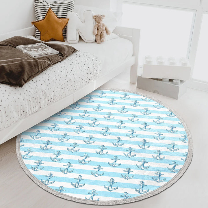 Nautical Round Rug|Anchor Kid Carpet|Kids Circle Carpet|Fringed Kids Room Carpet|Captain Area Rug|Lighthouse and Wheel Print Anti-Slip Mat