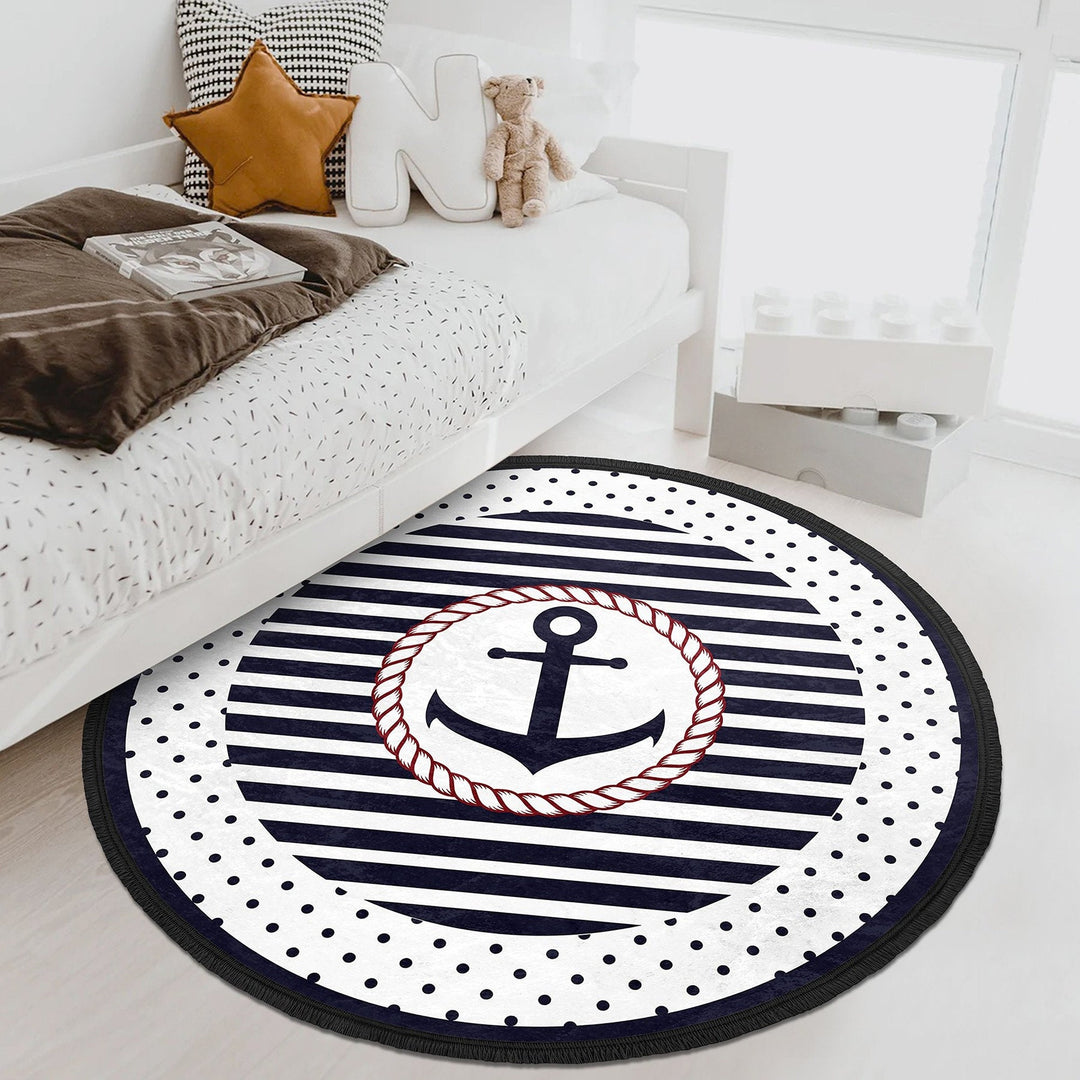 Nautical Round Rug|Anchor Kid Carpet|Kids Circle Carpet|Fringed Kids Room Carpet|Captain Area Rug|Lighthouse and Wheel Print Anti-Slip Mat