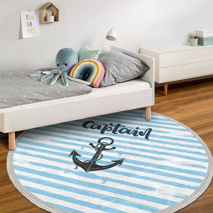 Nautical Round Rug|Anchor Kid Carpet|Kids Circle Carpet|Fringed Kids Room Carpet|Captain Area Rug|Lighthouse and Wheel Print Anti-Slip Mat