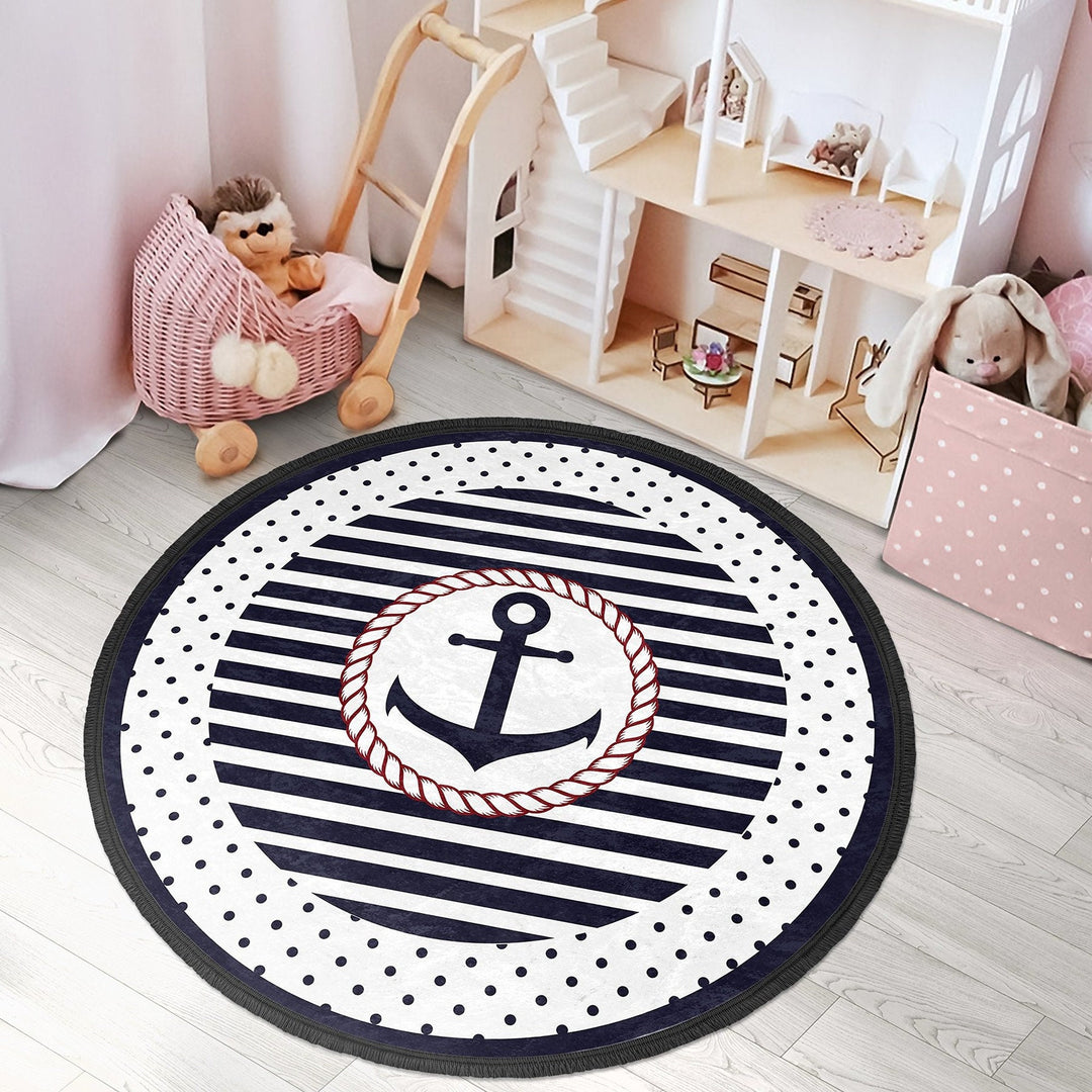 Nautical Round Rug|Anchor Kid Carpet|Kids Circle Carpet|Fringed Kids Room Carpet|Captain Area Rug|Lighthouse and Wheel Print Anti-Slip Mat